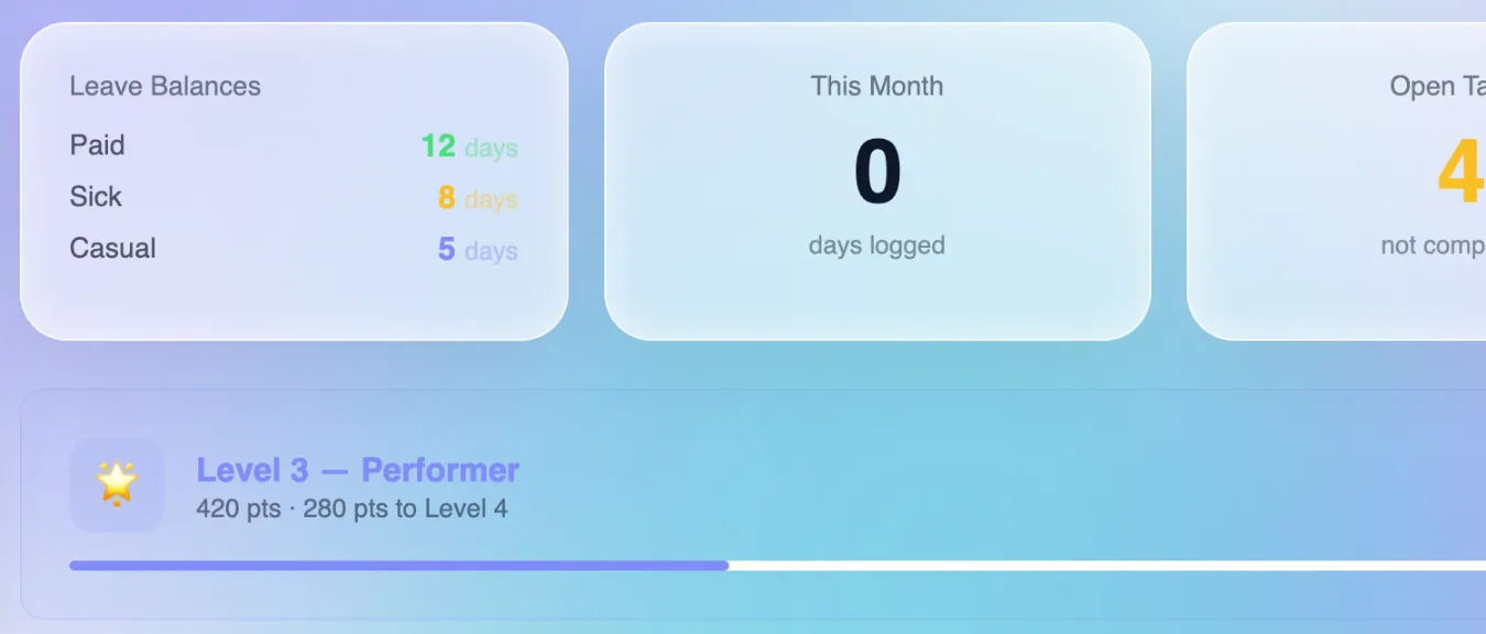 Employee portal: leave balances, open tasks, efficiency score, level and streak