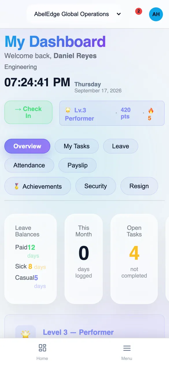 The employee portal on a phone, with check in
