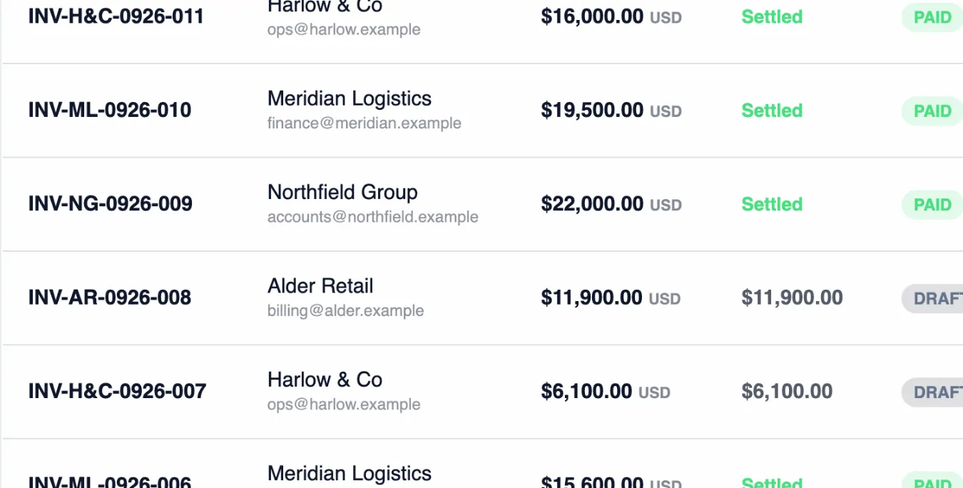 Invoice rows with client, amount, balance and status