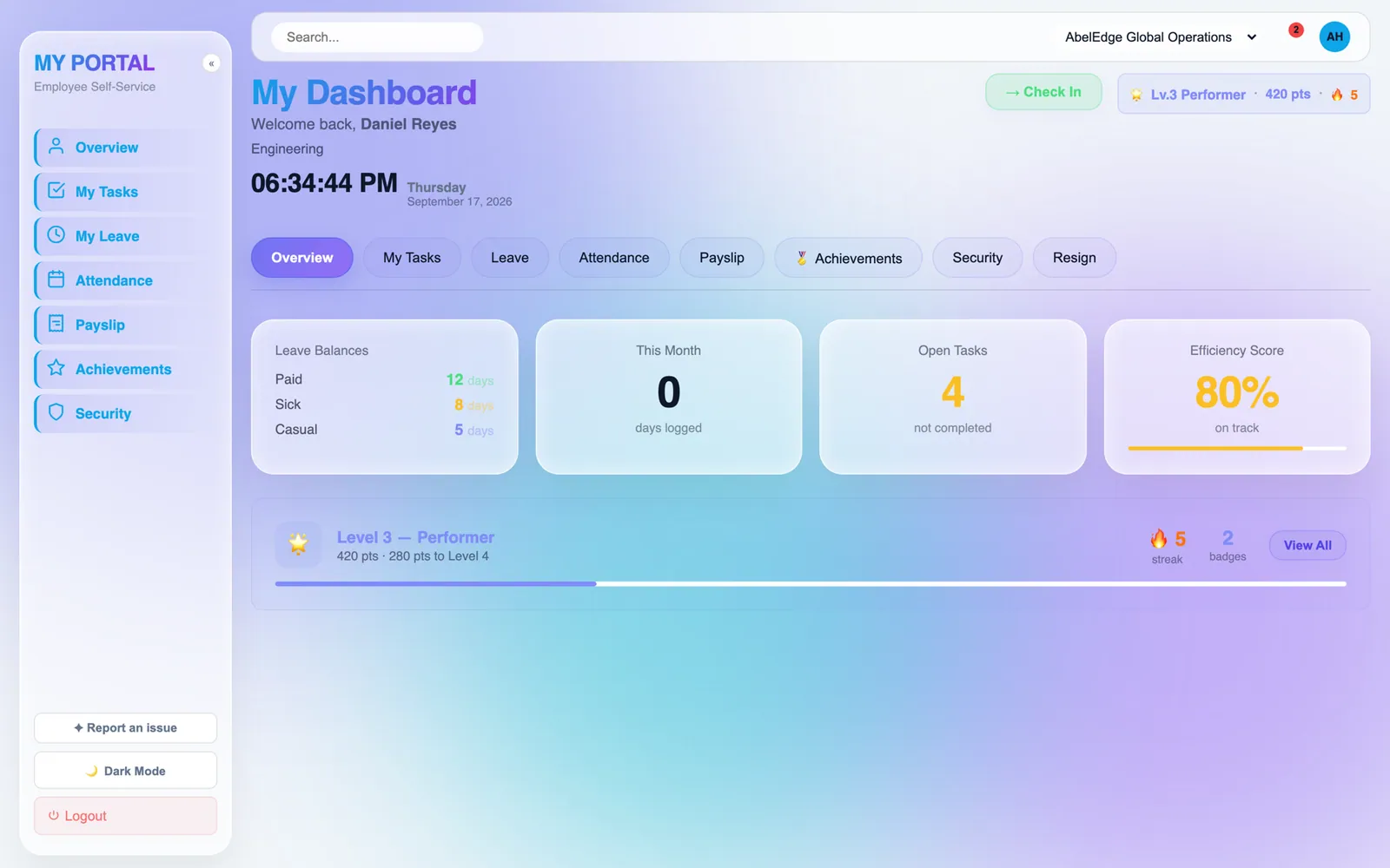 Every person's own portal: check in, leave, tasks