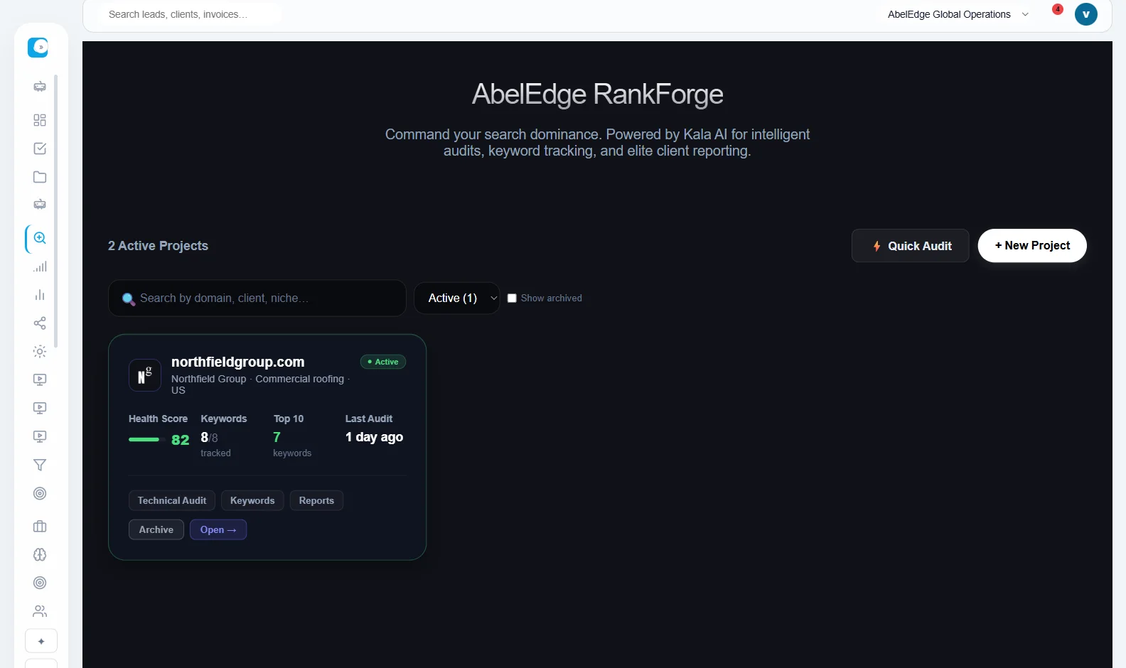 RankForge: a client project with its health score, tracked keywords and last audit